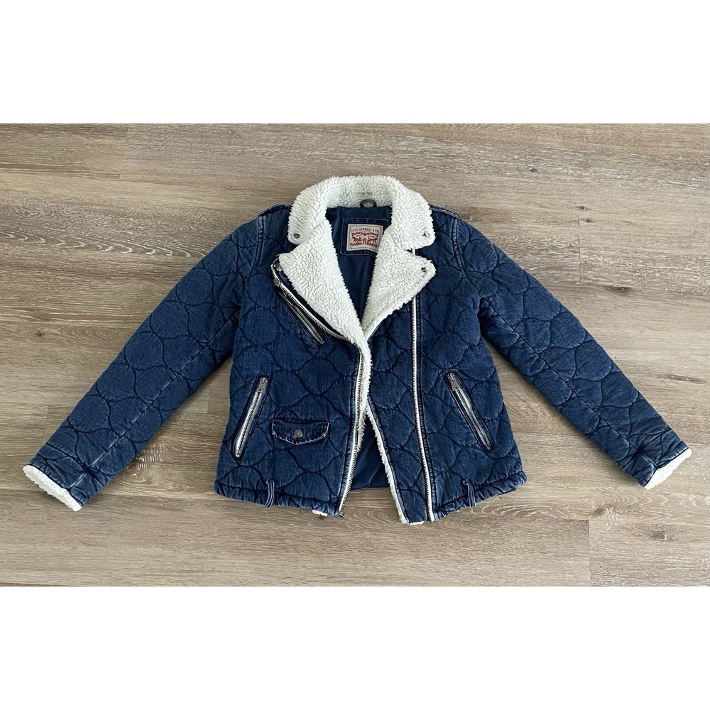 Levis Women's Quilted Jean Sherpa Moto Jacket Small Short Denim Blue No Belt